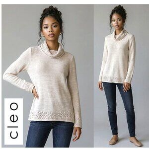 CLEO - Knitted beige cowl neck sweater with open knit detailing